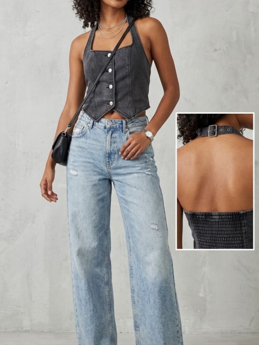 ELLEVEN Grey Denim Halter Vest Cropped Top Smocked Back - Size Medium NWT
